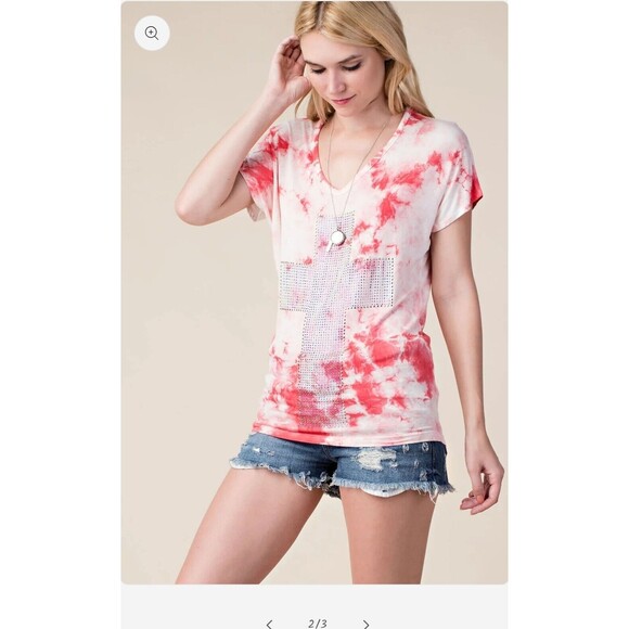 Vocal Tops - VOCAL Pink Tie Dye Studded Cross V Neck Short Sleeve Ed Hardy Style Med USA Made